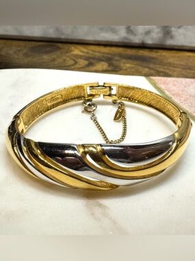 Monet Gold Silver Tone Twisted Bangle Bracelet Safety Chain